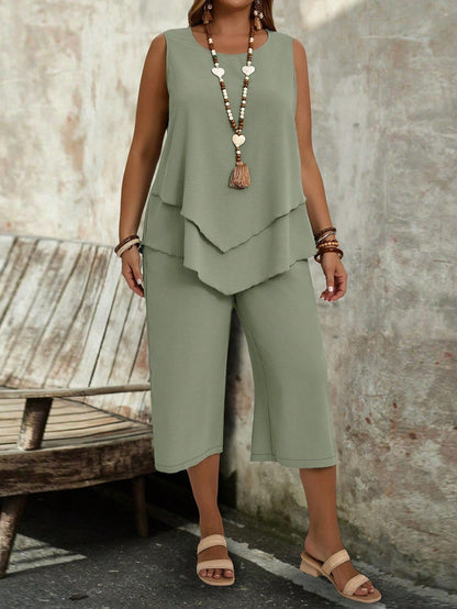 Plus Size, Women's Fashion Casual Solid Color Sleeveless Top and Cropped Pants 2pcs Set