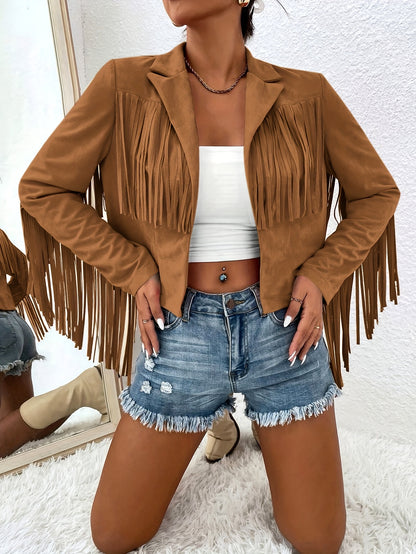Elegant Women'S Tassel Jacket - Solid Color, V-Neck, Loose Fit for Spring/Fall, Machine Washable