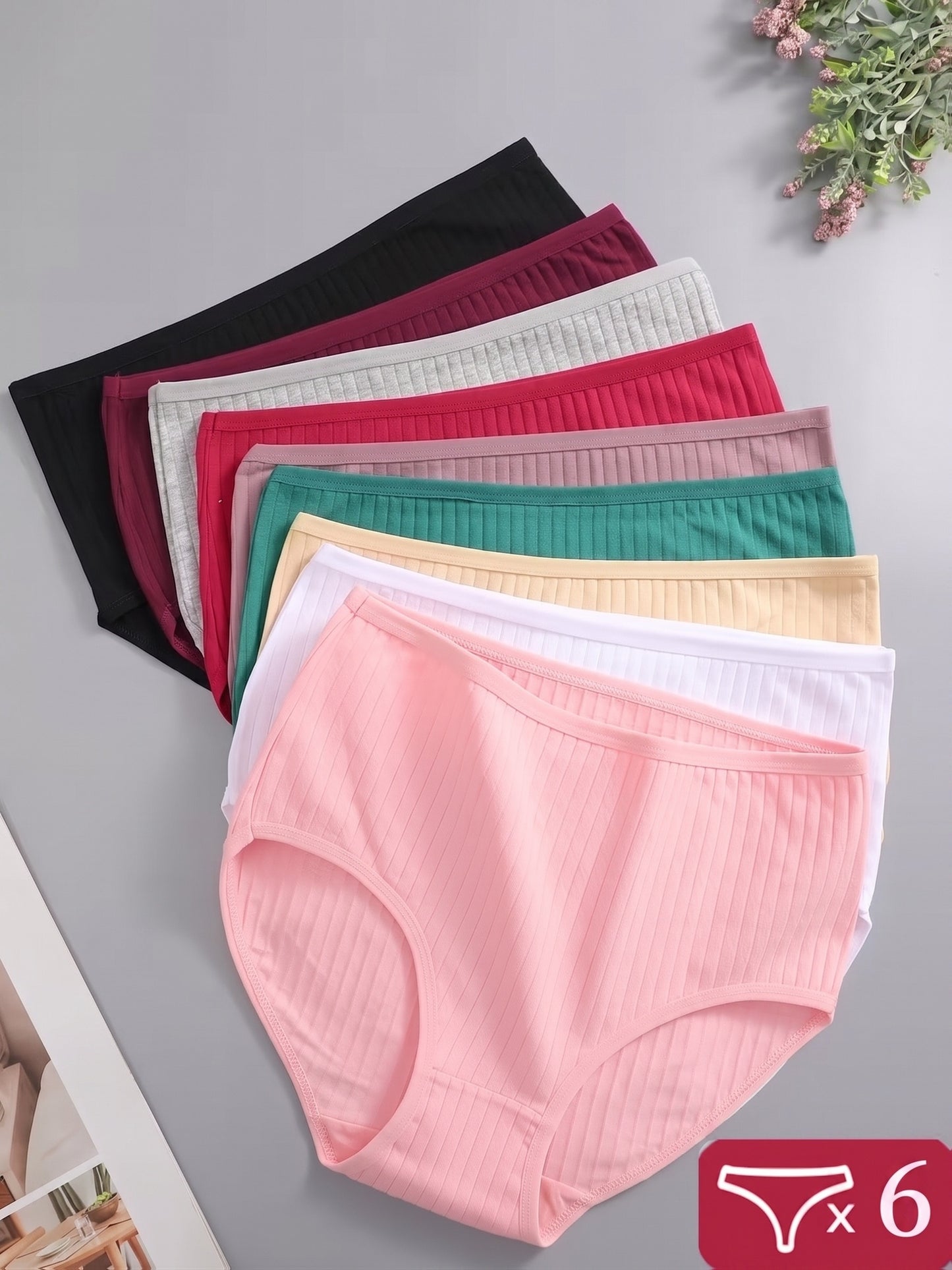 6pcs Ribbed Underwear for Women, Soft And Breathable High-waisted Triangle Pants, Random 6pcs In Multiple Colors