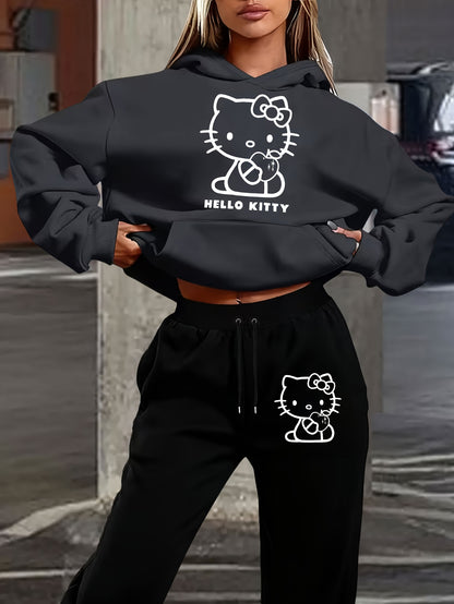 Women's Autumn and Winter Fashion Casual Sweater Casual Pants 2pcs Set, Printed with Sanrio Hello Kitty Pattern Print Design, Women's Casual Pants Set, Fashion Hooded Sweater + Drawstring Trousers 2pcs Set, Loose Version