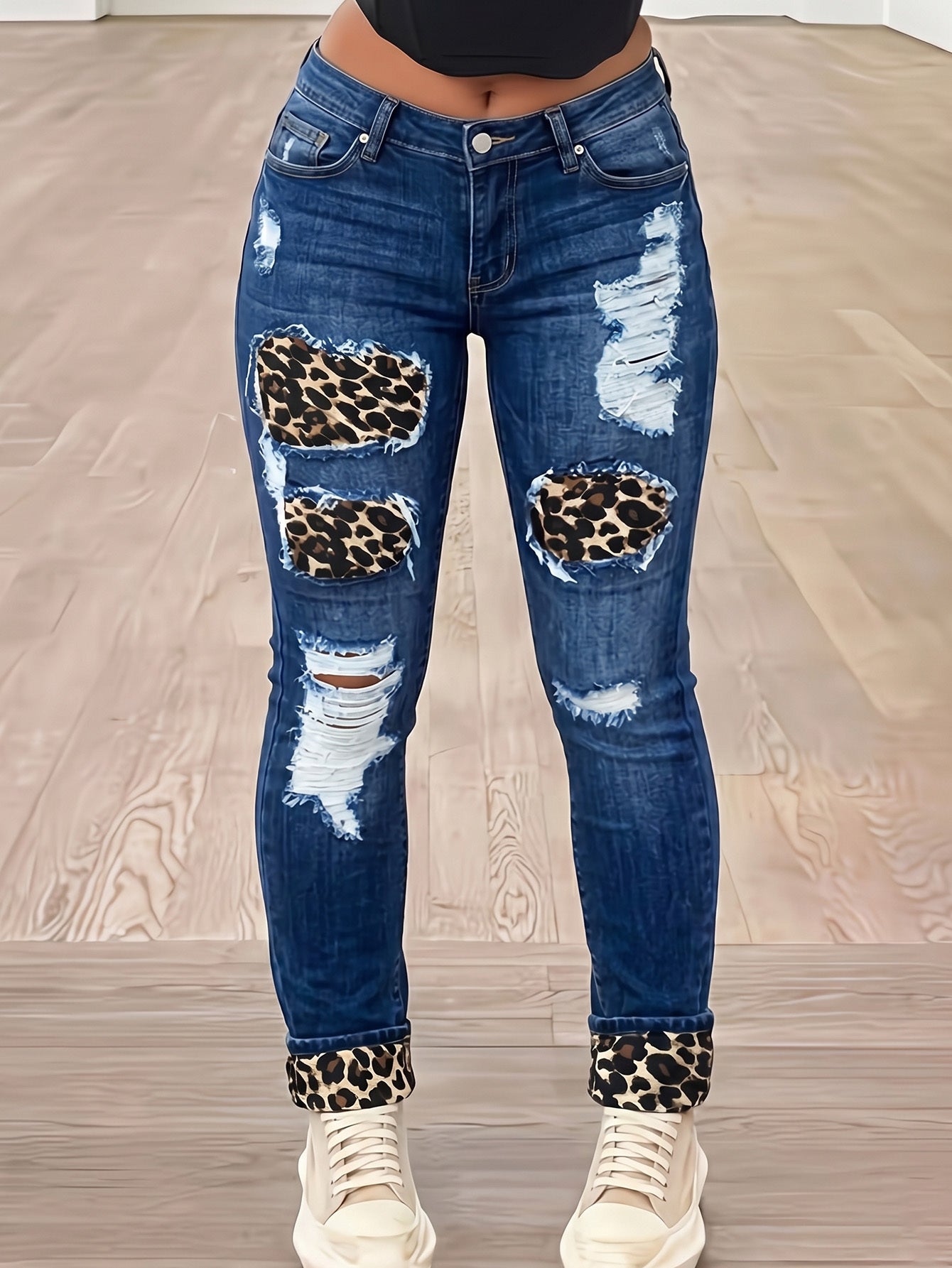 Women'S Mid- Rise Skinny Jeans with Leopard Print Patches& Ripped Details, Dark Wash, Stretchy Fabric a Flattering Fit, Edgy& Casual Styles