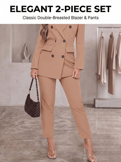 2pcss Blazer Set Pantsuit Women Double Breasted Blazer Set Formal 2pcss Pantsuit For Office Work, Long Sleeve Business Suit Slim Fit Double Breasted Suit For Business Meetings Corporate Office