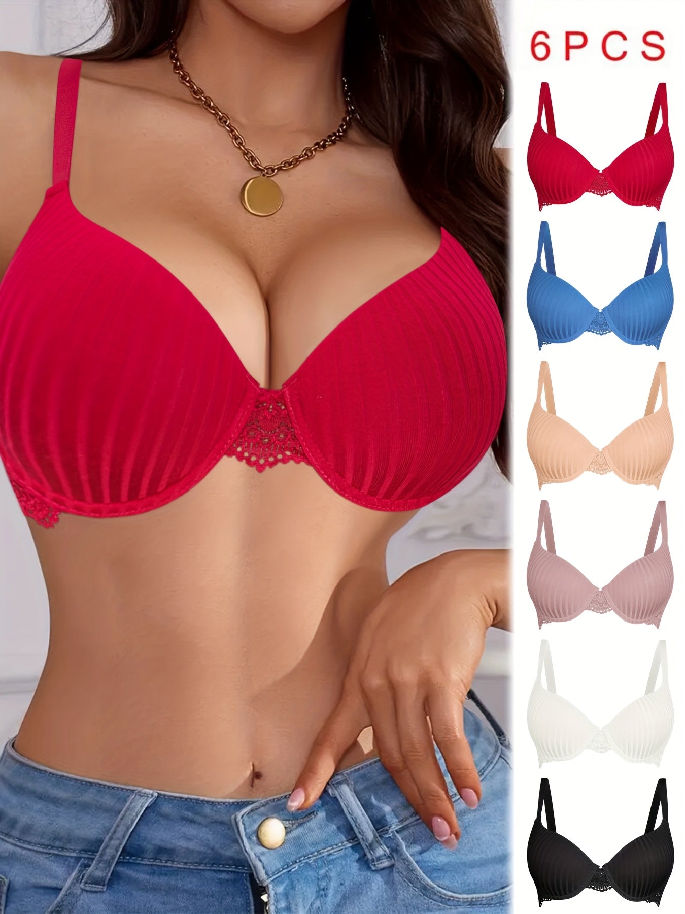 Set of 6 Women'S Viscose Push-Up Bras Featuring a Mature Design in Solid Colors with Lace Accents, Offering High Support with Steel Wiring. Ideal for Comfortable Casual Wear, Hand Wash Solely, Available in Red, Black