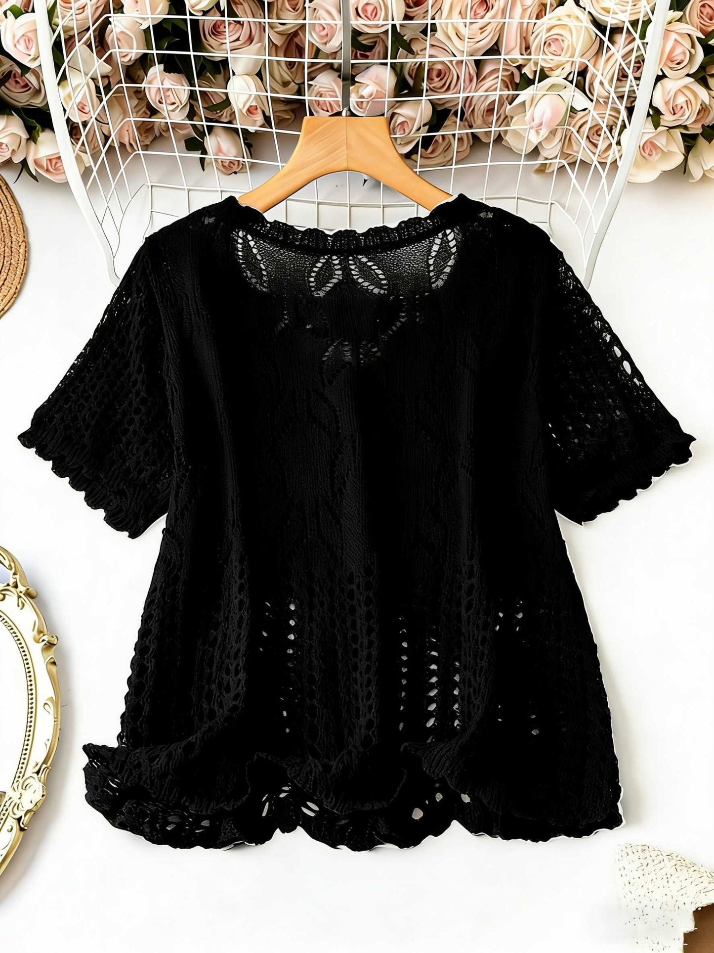 Plus Size - Large Size Women'S Casual Cardigan Light And Thin Short Sleeved Pearl Button, Semi Transparent, Round Neck All Season Versatile Layered Top