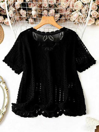 Plus Size - Large Size Women'S Casual Cardigan Light And Thin Short Sleeved Pearl Button, Semi Transparent, Round Neck All Season Versatile Layered Top