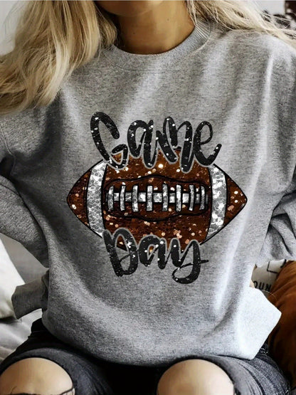 1pc of Women'S Casual Crew Neck Sweater, Long Sleeve Pullover with a Football Graphic for Game Day, Suitable for Autumn And Winter, Grey Sweatshirt
