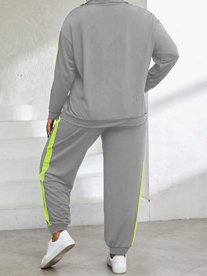 Plus Size, Plus Size Women's Spring And Autumn Contrast Color Casual Suit, Half Zip Pullover Long Sleeve Top And Trousers Two-Piece Set
