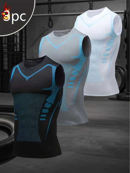 Men'S Summer Tank Top (3pcs Set): High-Quality Fabric Top With Soft, Comfortable, And Highly Elastic Material; Sleeveless, Quick-Drying, And Breathable; Sci-Fi Stripe Design, Perfect For Sports, Fitness, Outdoor Activities, And Home Wear