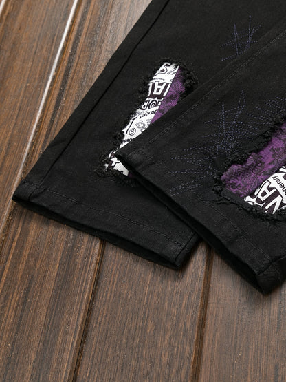 Men'S Ripped And Patched Hip Hop Skinny Washed Denim Jeans, Spring Summer Outdoor, Street Style
