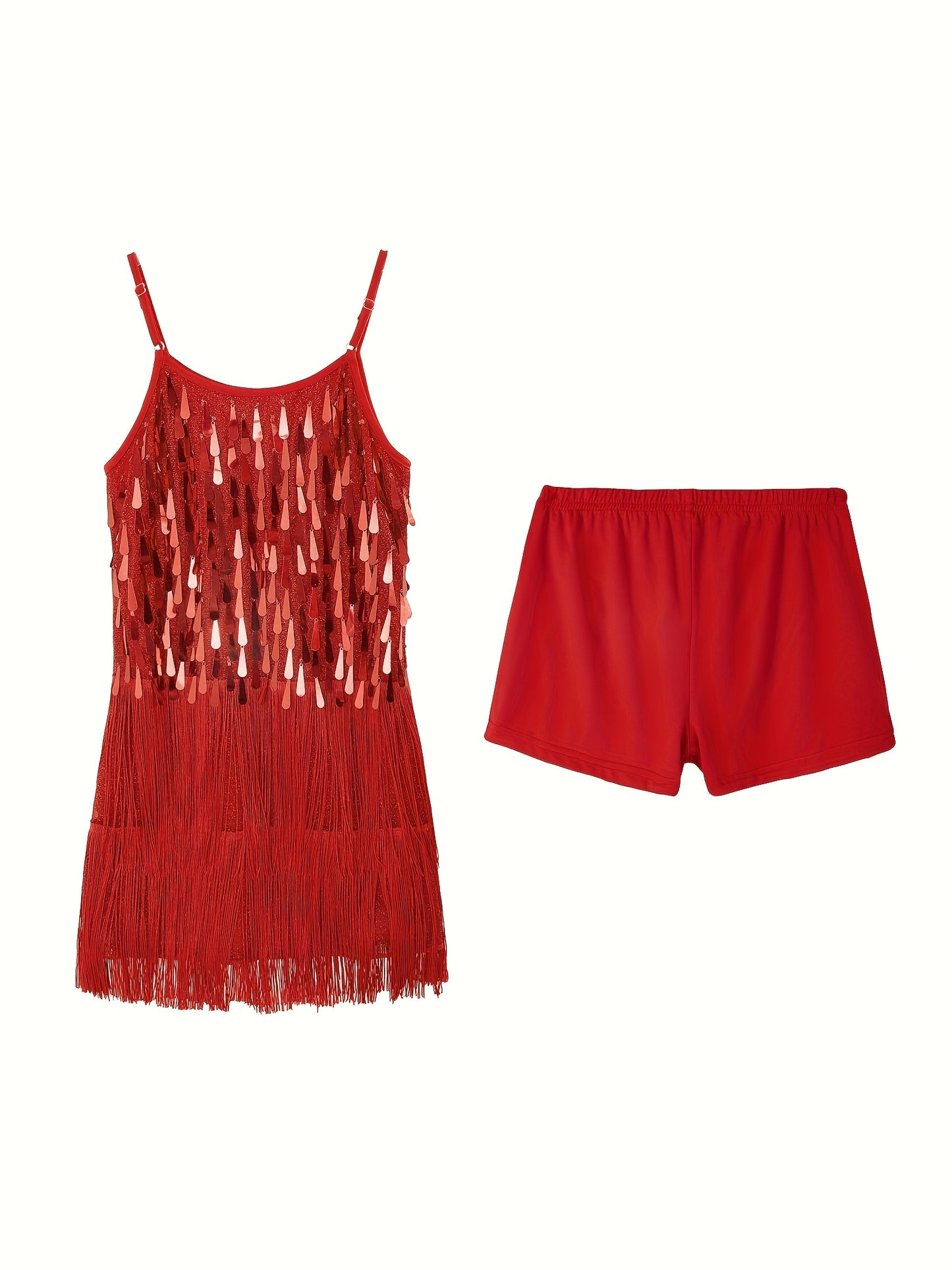 Girls Sequin Dance Dress Fringe Flapper Two-Piece Set Shiny Tassel Latin Dance Chukka Dress With Adjustable Straps And Short
