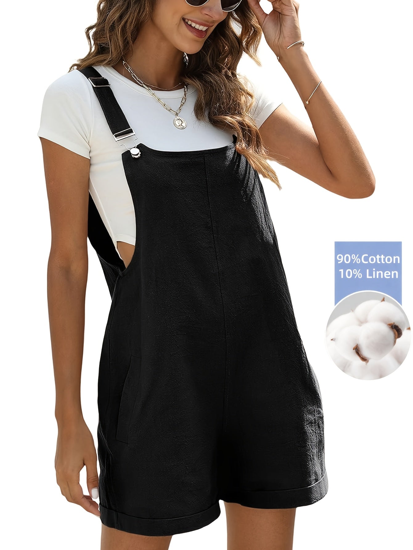 Women'S Linen Stylish Short Overalls Casual Summer Bib Shortalls With Pockets