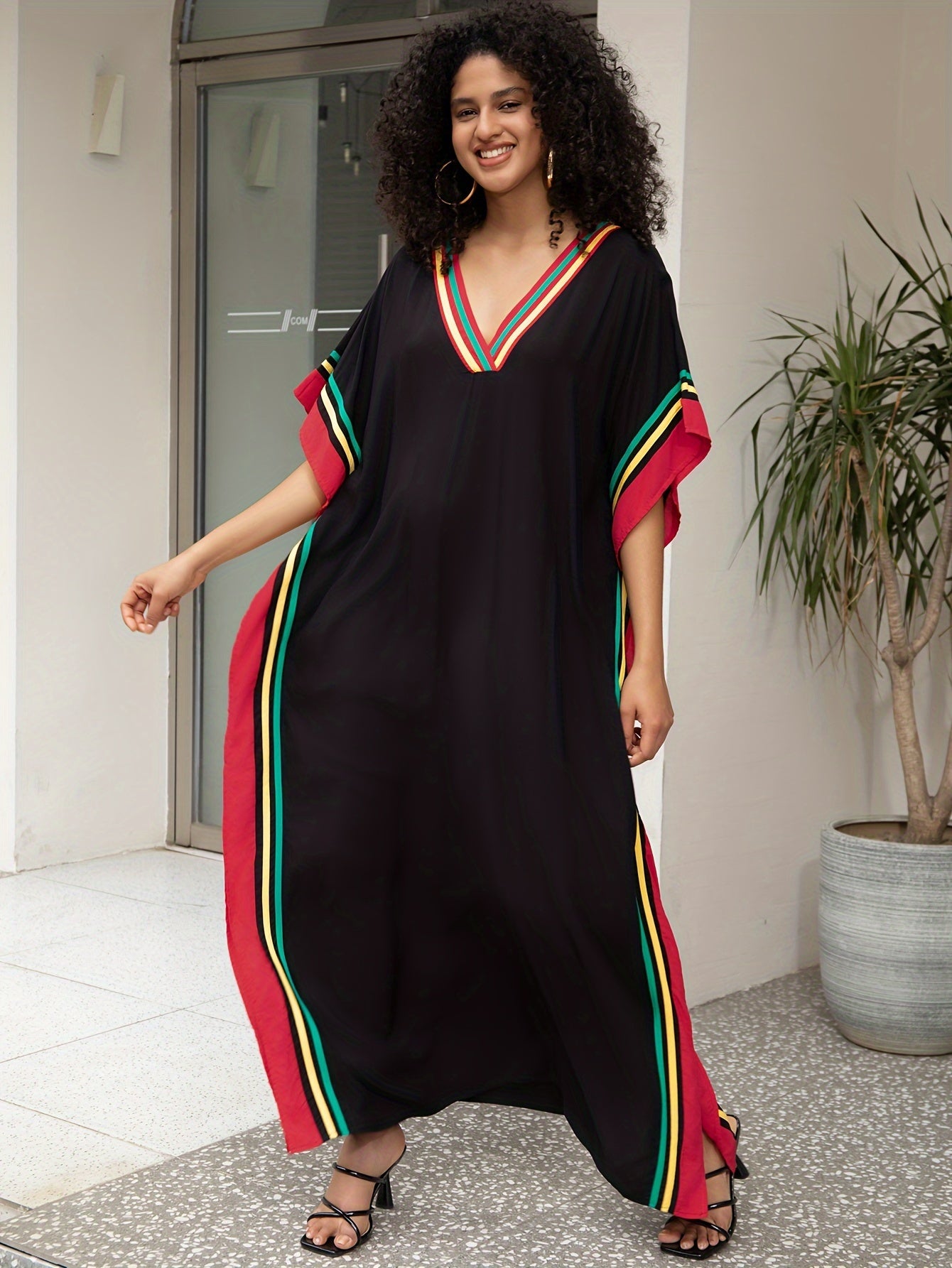 Women'S Casual Kaftan Dress, Plus Size Batwing Sleeve V Neck Maxi Dress