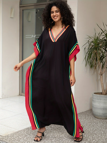 Women'S Casual Kaftan Dress, Plus Size Batwing Sleeve V Neck Maxi Dress