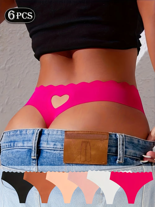 Set of 6, Ladies' Low-Rise Thongs Featuring a Heart Design, Seamless Construction, Alluring Style, with Wavy Edge Patterns And Cut-Out Heart Details