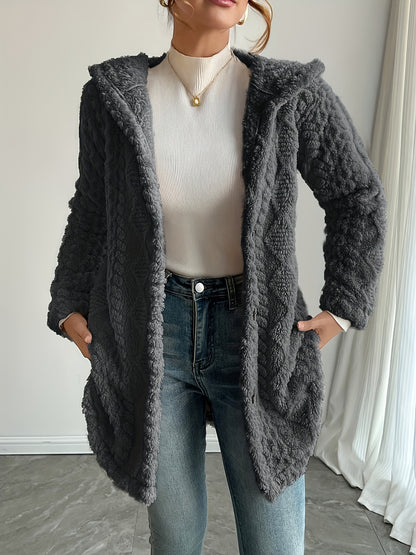 Hooded Fuzzy Coat Mid-Length Jacket with Buttons Soft Warm Winter Fall Outfits 5 Colors