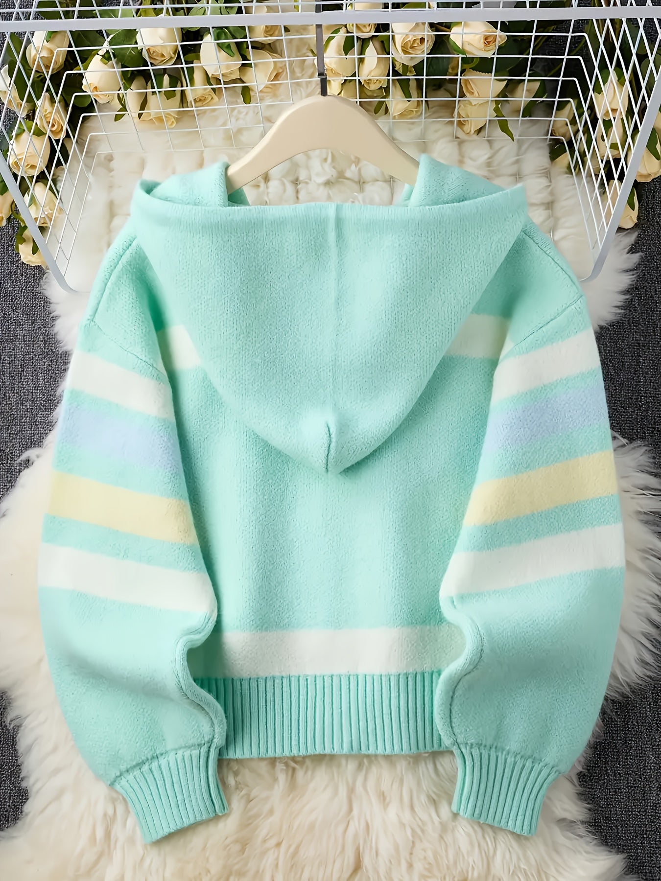 Hooded Cardigan with Rainbow Stripes, Women'S Standard Size Sweater, Soft And Comfy Loose-Fitting Sweater Jacket