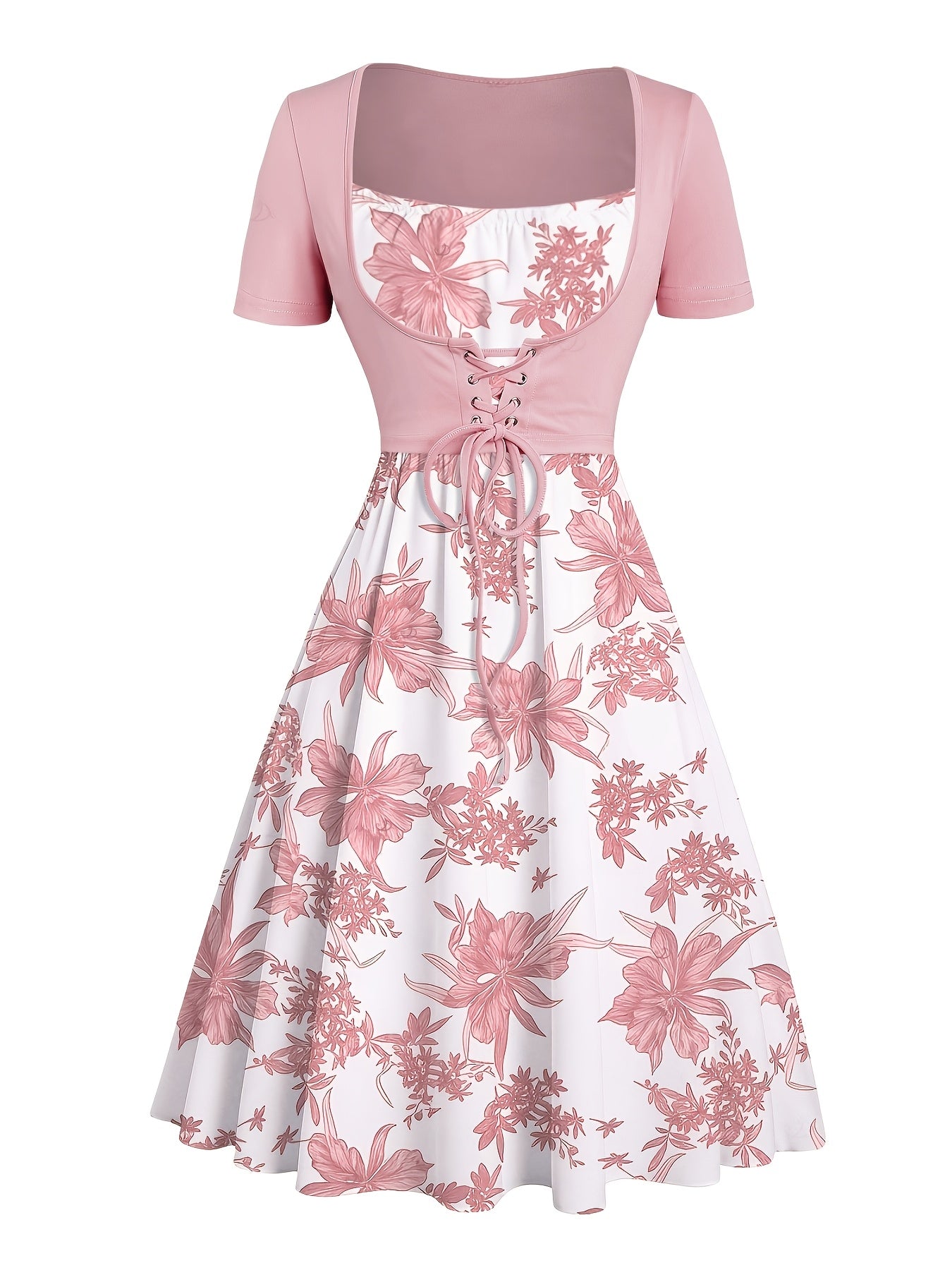 Floral Print Waisted Sleeveless Cami Dress And Solid Lace Up Short Sleeve Crop Top Set