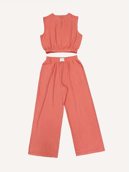 Women's Solid Color Loose Sleeveless Round Neck Wide Leg Pants Set 2pcs, Spring/Summer Casual Vibrant Cow Color Elastic Waist Straight Pants Set, Summer Comfortable Non-Formal Clothing Set