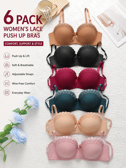 6pcs Pack Women's Push Up Bras with Underwire Lift - Floral Embroidery Balconette/Bra Balconette Suitable for Romantic Dating & Daily Wear, Non-Detachable Padded Cups, High Boning Lingerie Gift for Her