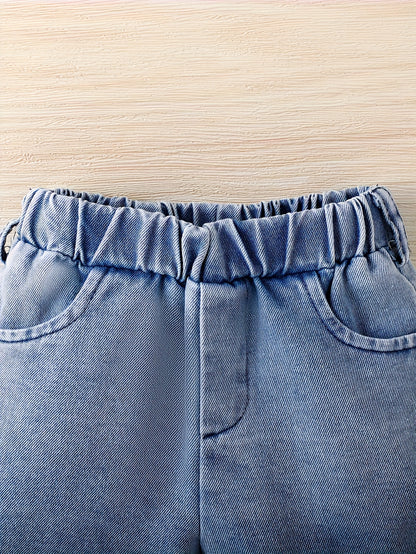 [Runs Large, Size 1 Size] Baby Boy 3pcs Summer Outfit Set, Soft Washed Denim Short Sleeve Lapel Jacket, Casual Denim Shorts And Matching Denim Bucket Hat, Daily Casual Clothes for 6-36 Months, Perfect for Outdoor