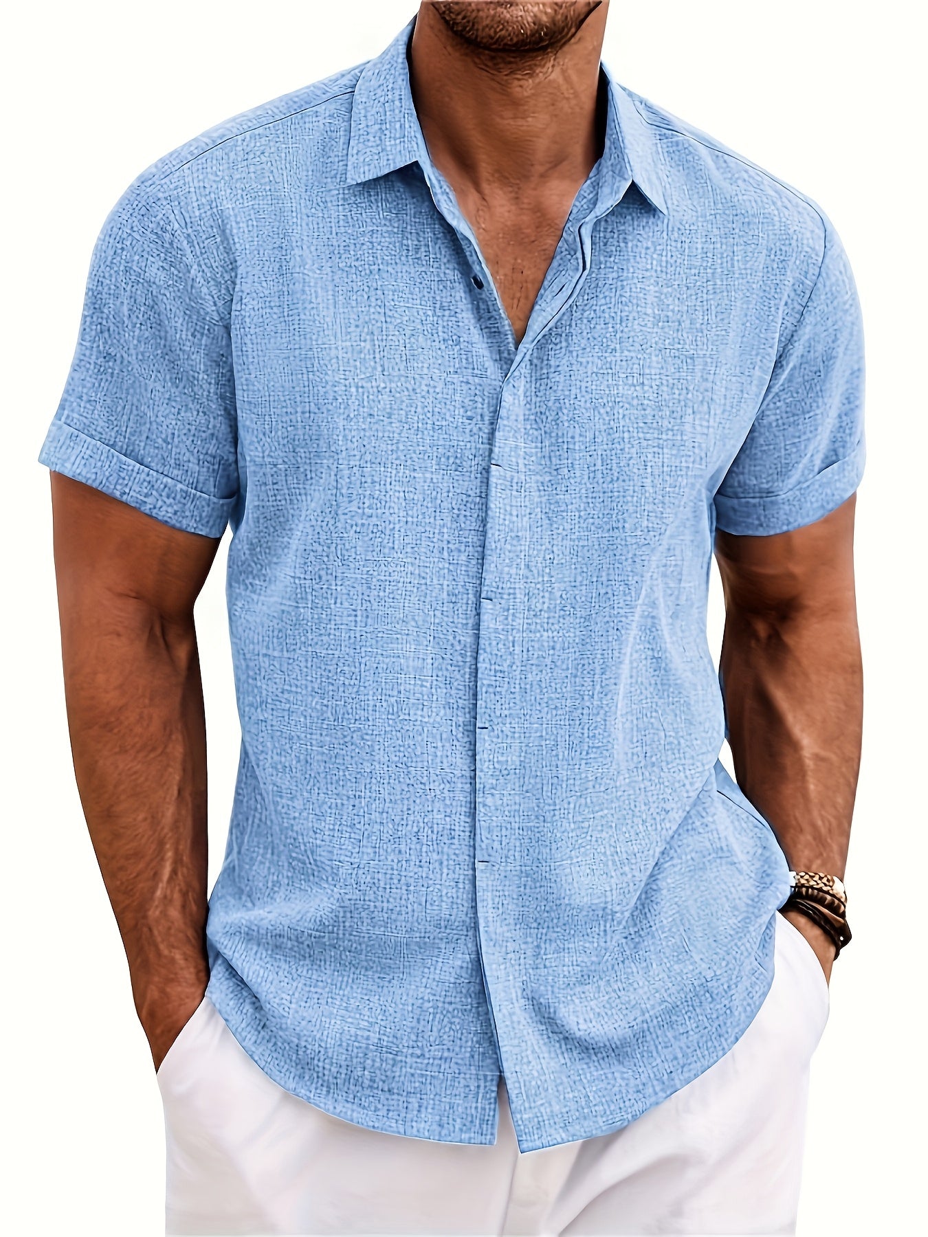 Men's Plus Size Double Placket Short Sleeve High Quality Shirt, Suitable for All Seasons, Home Short Sleeve Turn Collar Shirt, PLUS SIZE