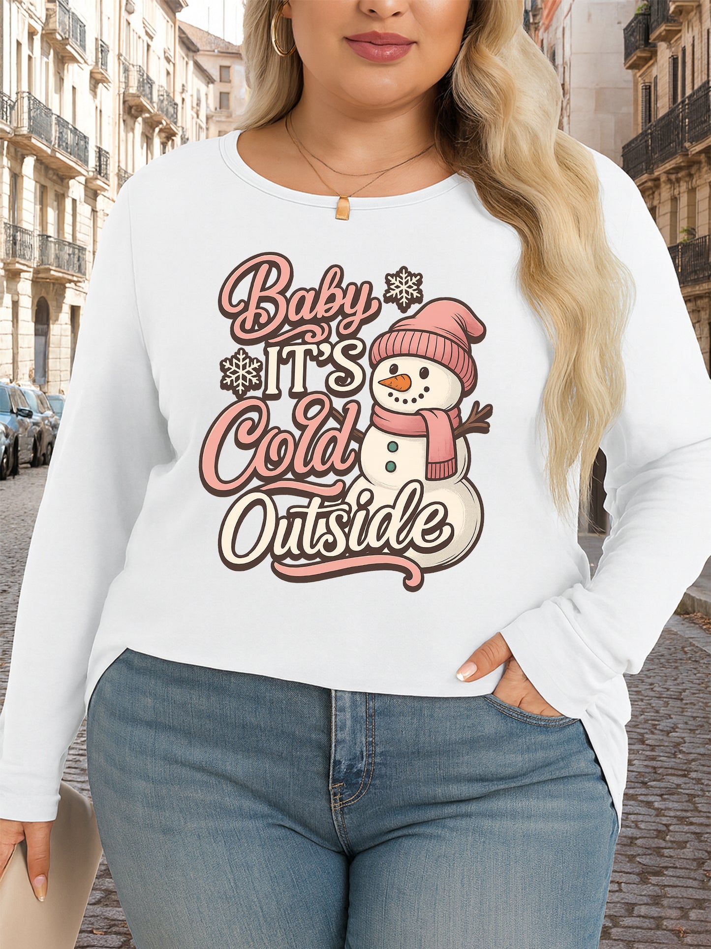 Plus Size, Oversized T-shirt with snowman pattern wearing pink hat and scarf, casual round neck oversized bottoming shirt, oversized long-sleeved T-shirt for spring and summer, Women's swear, new Women's clothing, machine washable