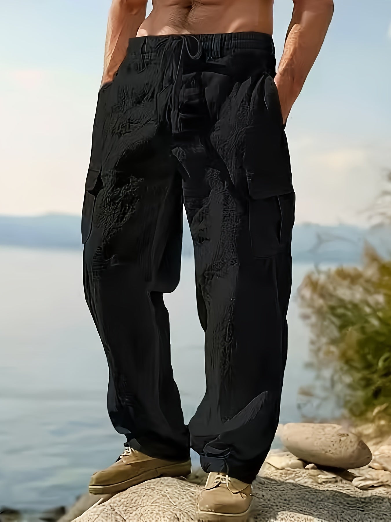 Men'S Spring/Summer Thin Breathable Casual Pants, Loose Fit, Solid Color, Drawstring Wide-Leg Trousers