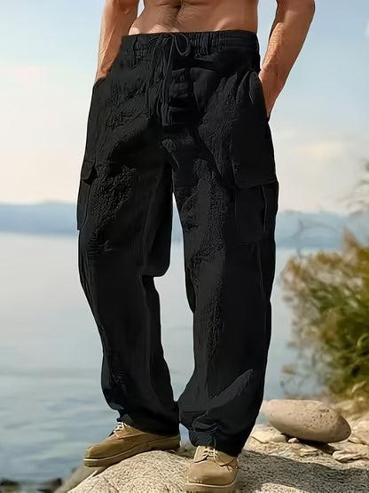 Men'S Spring/Summer Thin Breathable Casual Pants, Loose Fit, Solid Color, Drawstring Wide-Leg Trousers