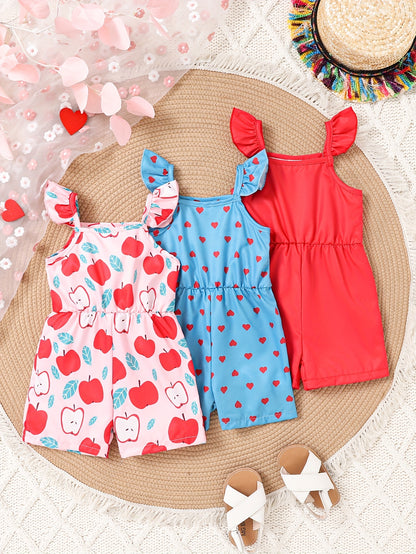 Set of 3 Girls' Casual Jumpsuits Featuring a Pink Fruit Print, a Blue Love Pattern, And a Solid Color for Spring And Summer, for Outdoor
