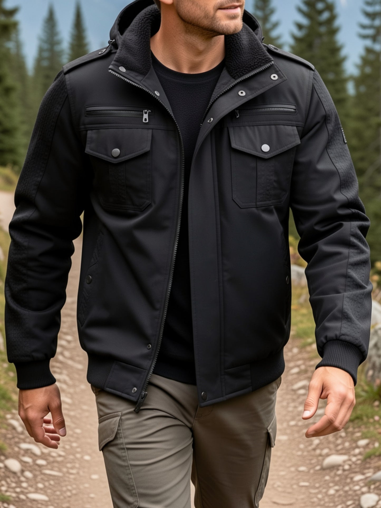Men's Black Cotton Cargo Jacket - product view 10