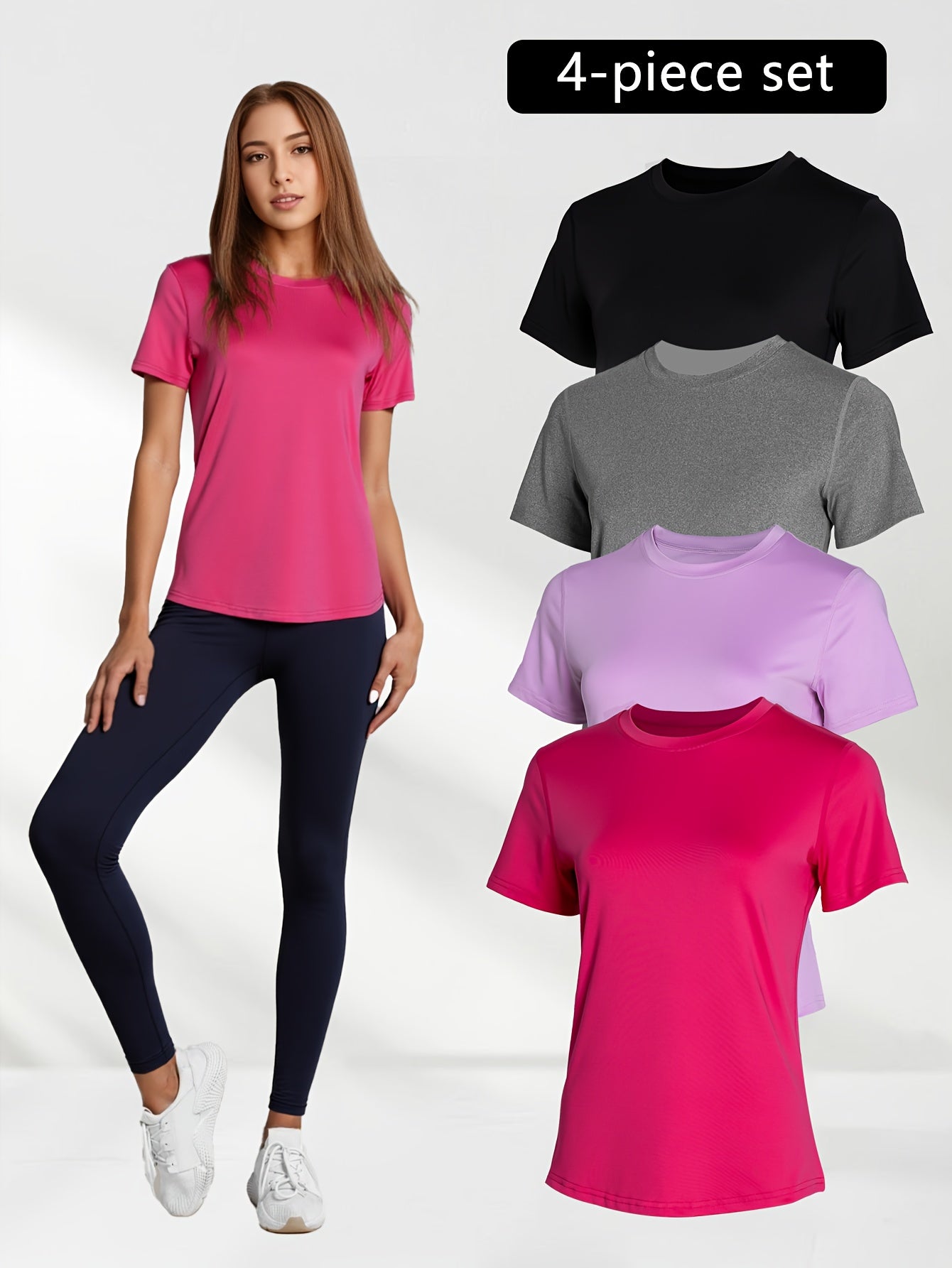 4pcs Solid Sports Tee Round Neck Slim Stretchy Ideal for Yoga Gym Workouts Women'S Athletic Wear Sporty Style Clothes Gym Shirts Workout Tops Oversized Gym Shirts Fitness Outfit, Summerwins