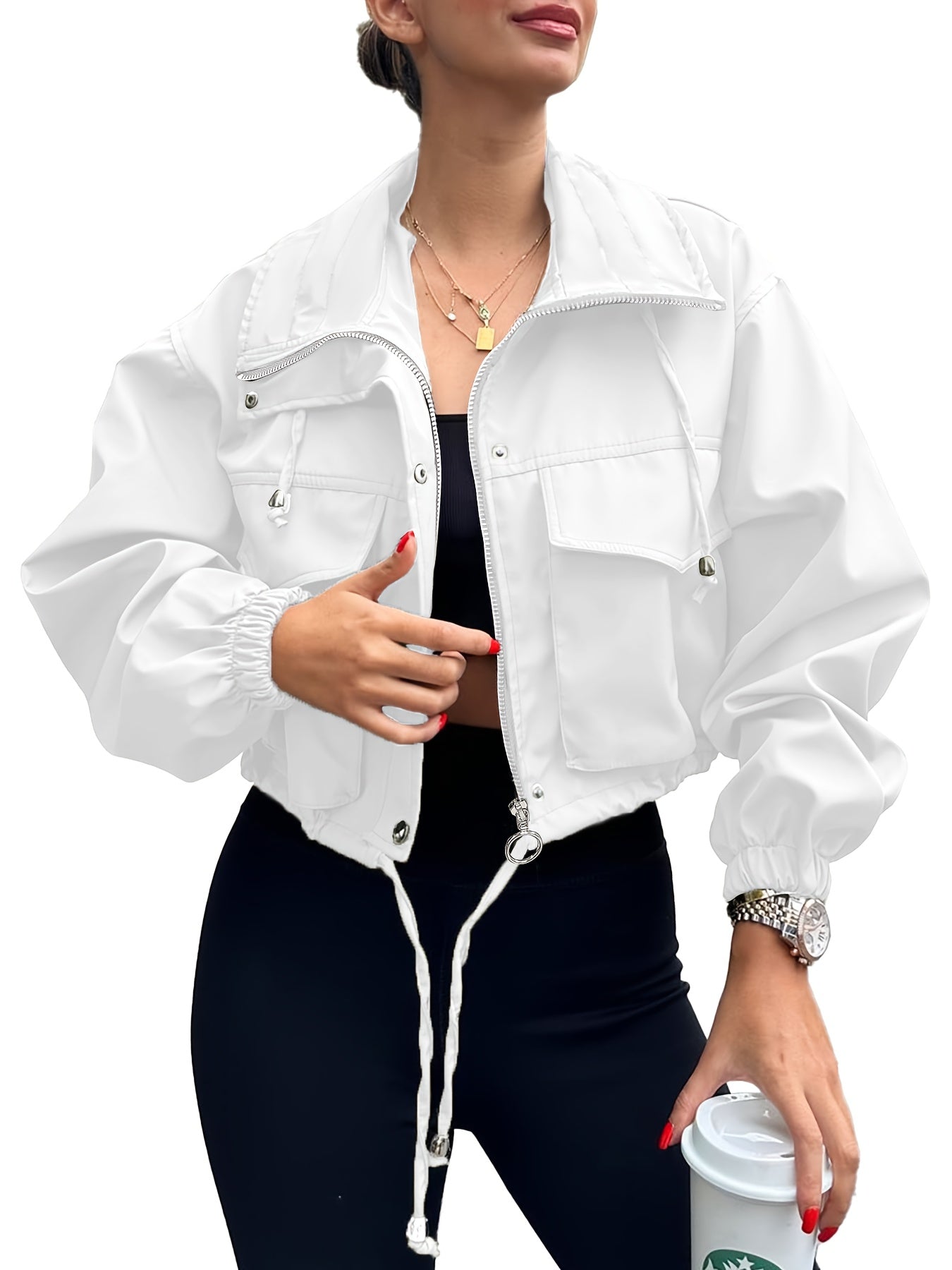 Women'S Cropped Jacket Zip Up Lightweight Oversized Utility Anorak Coat with Pockets