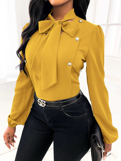 Women'S 2026 New Elegant Solid Color Long-Sleeve Shirt - Tie Neck Button Top, Very Suitable For Everyday And Office Wear