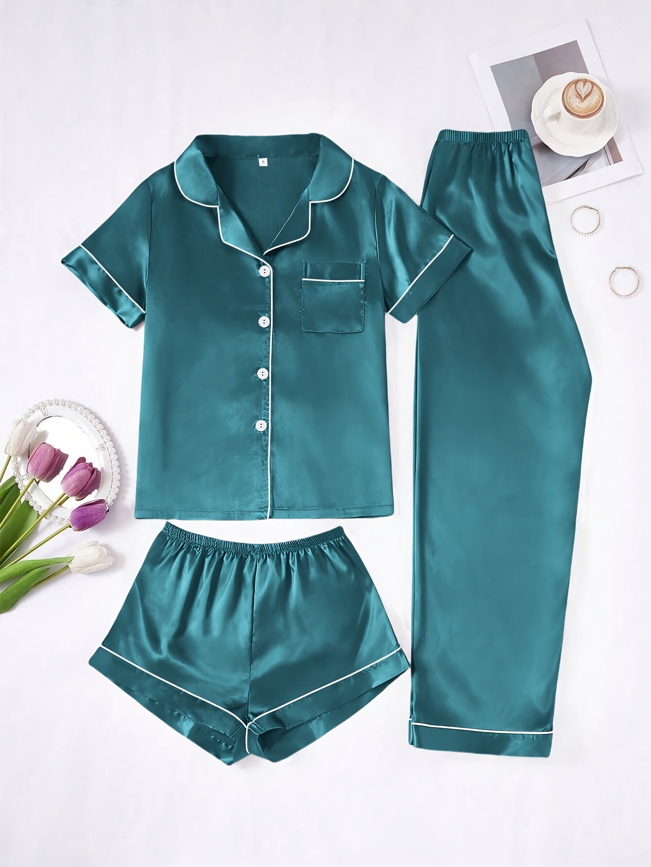 Solid Color Women'S Simple And Comfortable 3pcs Pajama Set, Includes 3pcss: Collared Short-Sleeve Top & Elastic Waist Shorts & Elastic Waist Long Pants Women'S Pajama Set