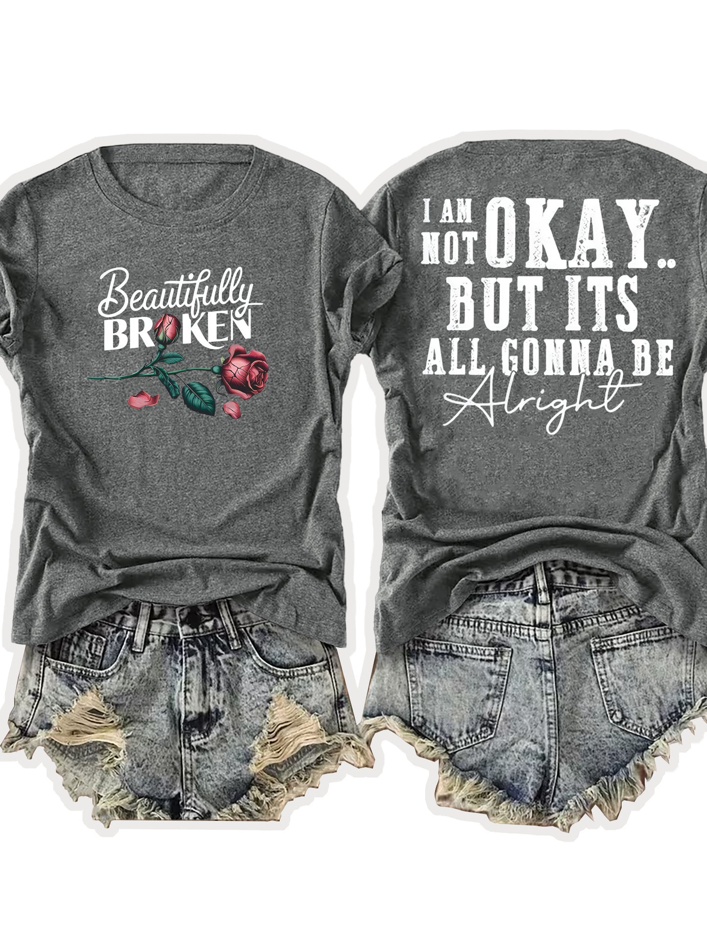 Ladies' European-Style Round Neck Short Sleeve T-Shirt for Summer, Lightweight and Breathable, Front and Back with Stylish Floral Prints and 'Beautifully Broken' Text, Perfect Comfort Fit for Daily Wear, A Versatile and Chic Choice for Laid-Back