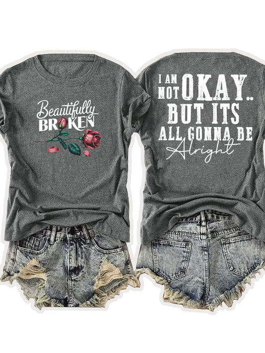 Ladies' European-Style Round Neck Short Sleeve T-Shirt for Summer, Lightweight and Breathable, Front and Back with Stylish Floral Prints and 'Beautifully Broken' Text, Perfect Comfort Fit for Daily Wear, A Versatile and Chic Choice for Laid-Back