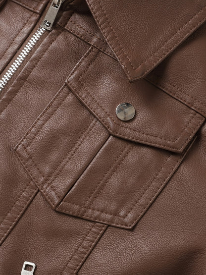 Women's Hooded PU Leather Jacket, Classic Slim-Fit Biker Style with Detachable Hood, Full-Zip PU Leather Coat with Multiple Pockets, Warm Windproof Outerwear for Spring, Fall & Winter Casual & Daily Outfits