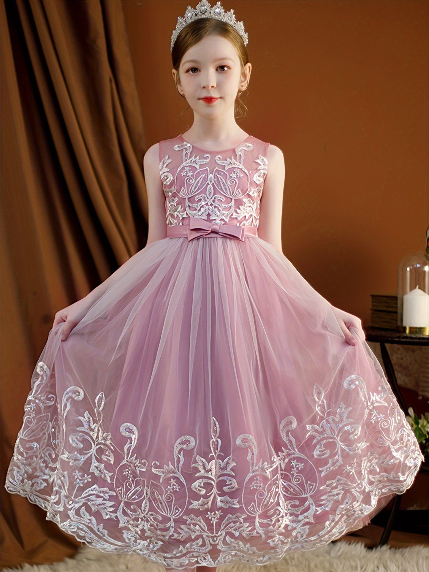 Flower Girl Lace Dress for Kids Wedding Bridesmaid Pageant Party Formal Long Gown Princess Communion Tulle Bow Dresses