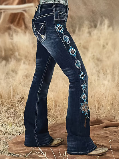 Women's Stretch Denim Flare Jeans - Mid-Rise Bell Bottoms with Floral & Geometric Embroidery, Machine Washable Blue Washed Fabric, Comfort Fit for Casual All-Season Wear, Relaxed Outfit, Breathable Fabric, Embroidered Pants, Adults