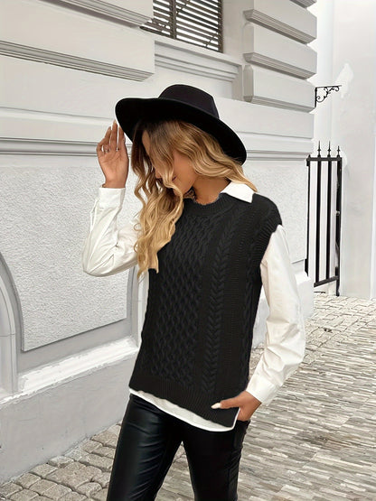 Women's Cable Sweater Vest - Sleeveless Round Neck Slit Hem Blouse, Solid Color Medium-Elastic Knitwear for Spring Summer Fall Layering, Casual & Semi-Formal Wear (Hand Washable)