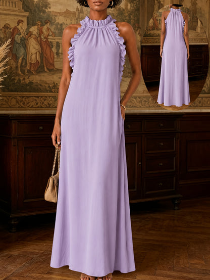 Summer Vacation Style Leaf-Edge Halter-Neck Sleeveless Dress