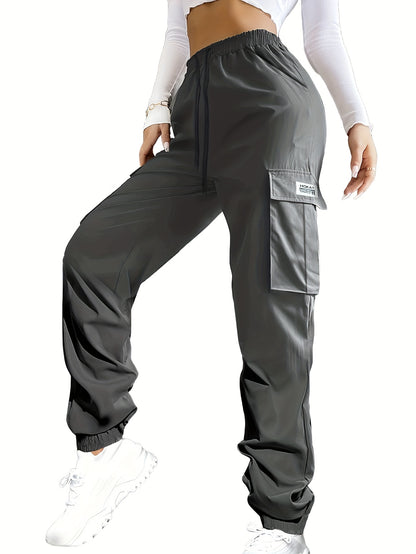 Women'S Zippered Pocket Cargo Pants, Stylish Large Pocket Design, Drawstring Elastic Waistband, Casual Outdoor/everyday Wear Trousers