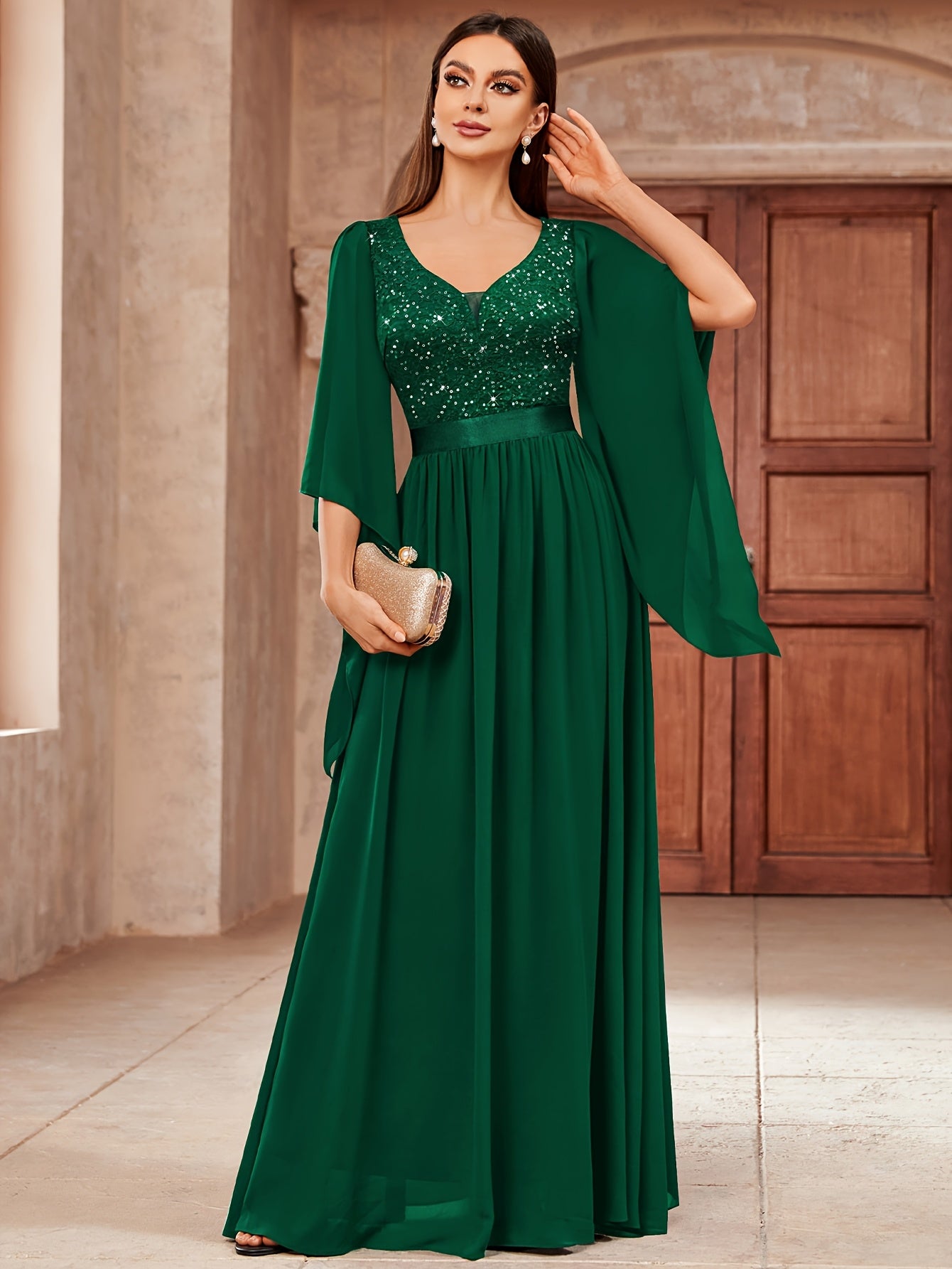 53303 Elegant Women's Lace & Sequin Bridesmaid Dress - A-Line Maxi Wedding Gown with 3/4 Bell Sleeves, V-Neck Color-Block (Bodice &), Machine Washable Bridesmaids Gown for Weddings, Parties, Prom