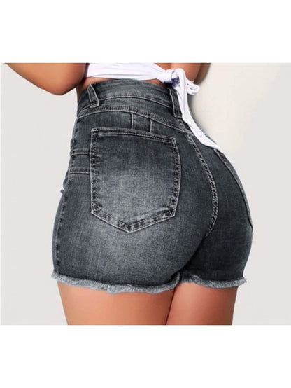 Women's Dark Blue Denim High-Waist Slim-Fit Denim Shorts - product view 2