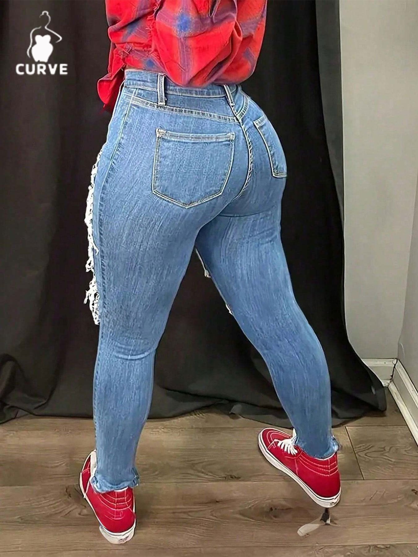 New Fashion! Women's Plus Size Skinny Stretch Jeans, Distressed Patch Decor, Casual Slim - Fit Denim Pants