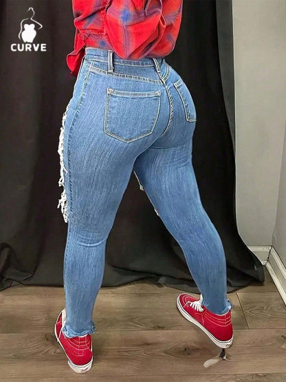 New Fashion! Women's Plus Size Skinny Stretch Jeans, Distressed Patch Decor, Casual Slim - Fit Denim Pants