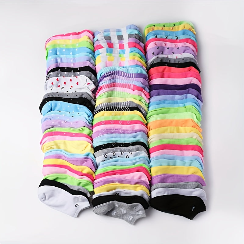 20 Pairs Of Cute Boat Socks with Mixed Color Heart/stripe Patterns, Ribbed Low Cut Design, Suitable for Daily Wear In Various Places, Holiday Gifts, Giving to Lovers And Friends, Soft And Breathable Candy Socks