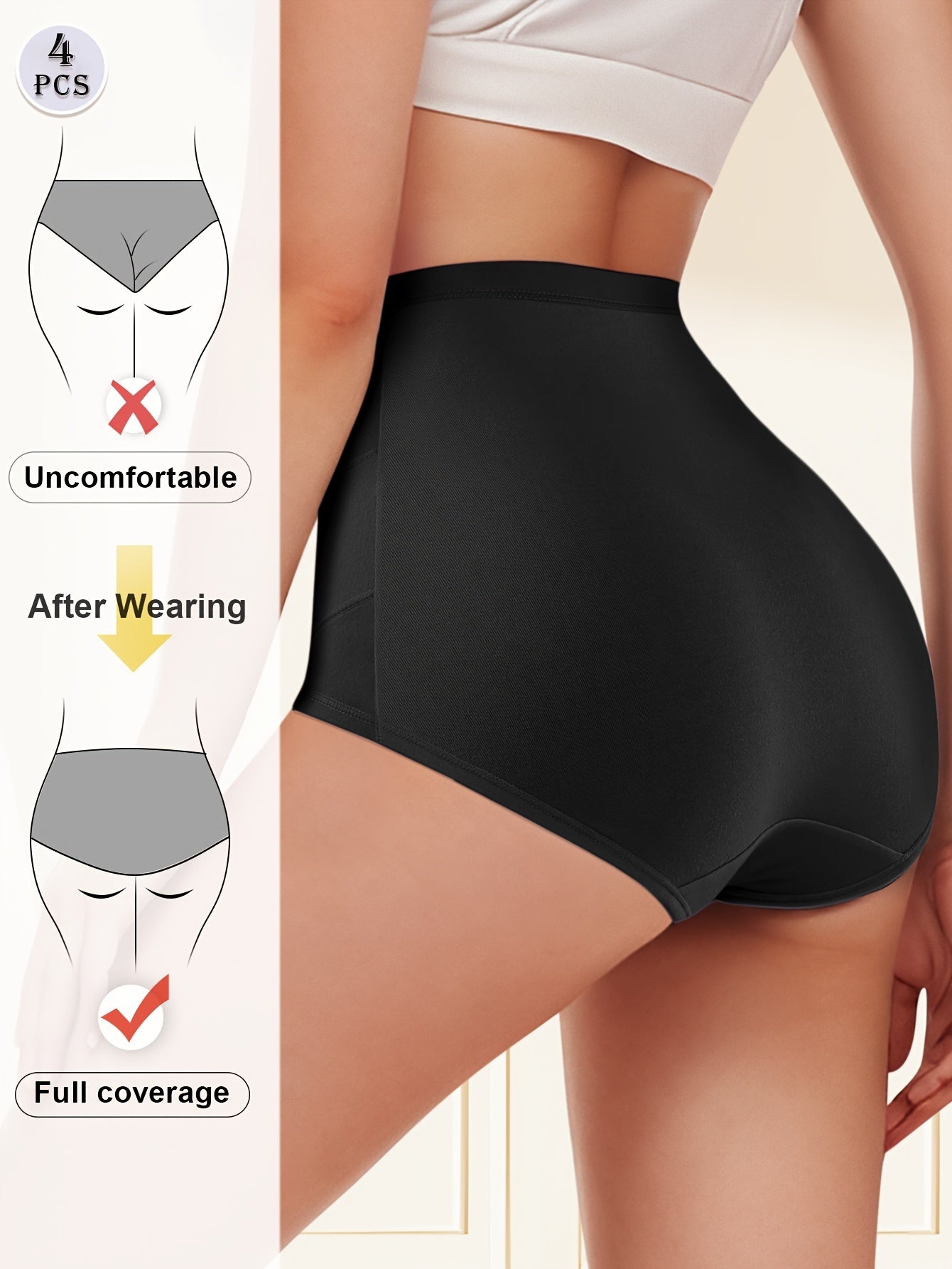 4Pack High Waist Tummy Control Briefs, Elegant Comfy Breathable Stretchy Women's Panties, Women's Lingerie& Underwear