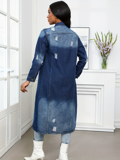 Long Denim Coat with Worn Holes Long Denim Trench Coat for Women