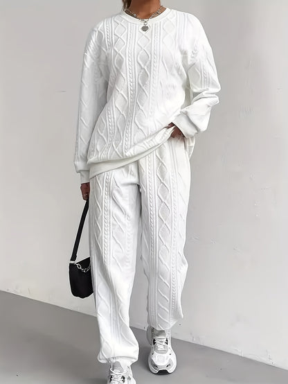 Women'S Sweatshirt Ensemble for Autumn/Winter 2025 - Featuring a Solid Color, Cable Patchwork, Long Sleeve Crew Neck Top And Cuffed Pants in a Two-Piece Outfit, Including a Pullover And Sweater, Perfect for Christmas And Fall